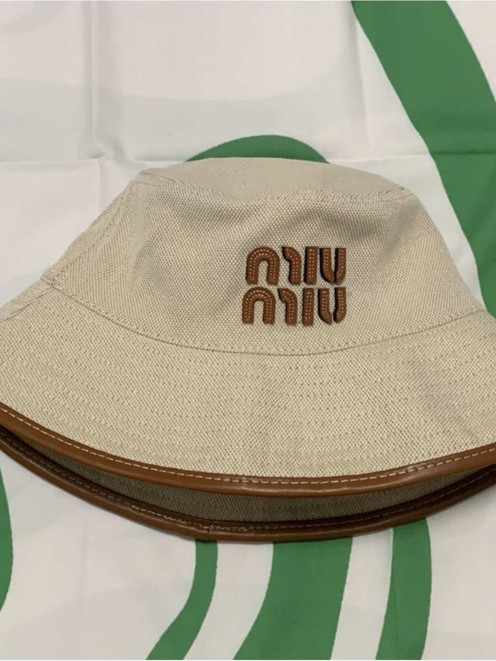Miu Miu Cream Canvas Bucket Hat with Brown Trim and Logo